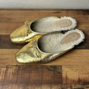 Schutz Evelin Ballet Flat Metallic Gold Women's Size 8.5 Bow Slip On Bow Sherpa